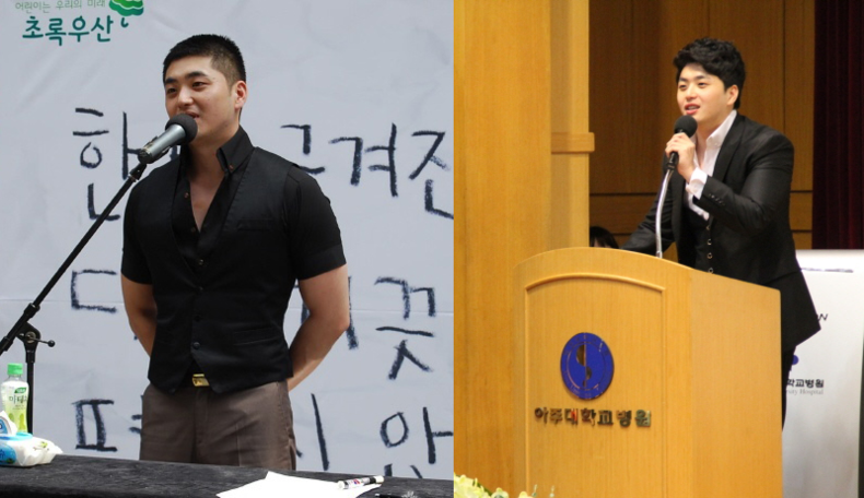 2011년 아동성범죄에 대한 공소시효 폐지 운동(왼쪽), 2013년 아주대 해바라기 센터 개소식에서 강의를 하고 있다. (사진=소재원 작가 제공)