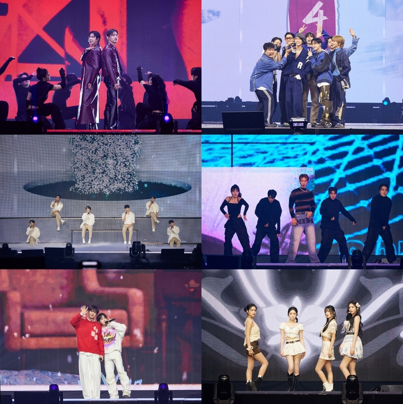 SMTOWN LIVE 2025 서울 콘서트 무대 모습(왼쪽 상단부터 동방신기, 슈퍼주니어, 슈퍼주니어-M, 샤이니 민호, 엑소, 레드벨벳)/사진=SM엔터테인먼트