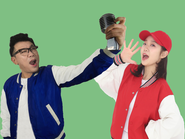 프로야구 응원가 앨범 이미지. 가수 권미희(오른쪽)와 김진웅/사진=안타 음반