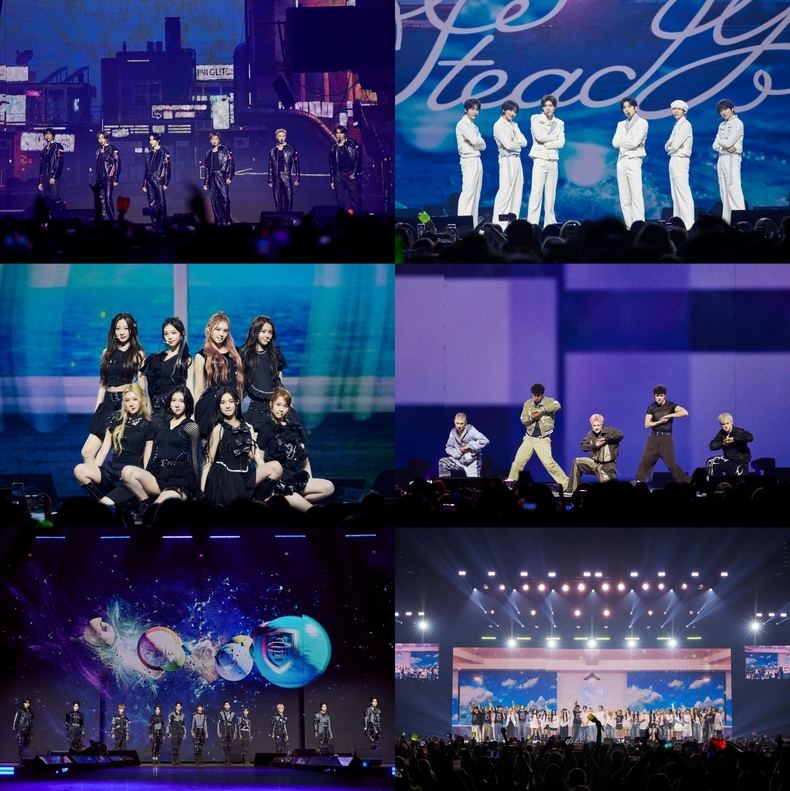 SMTOWN LIVE 2025 런던 공연 무대 모습(왼쪽 상단부터 라이즈, NCT WISH, 하츠투하츠, 디어앨리스, SMTR25, 단체)/사진=SM엔터테인먼트