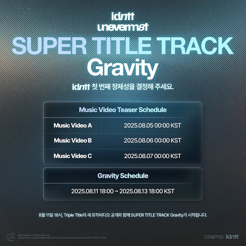 아이덴티티(idntt), 첫 유닛 unevermet 슈퍼 타이틀 트랙 결정하는 그래비티(Gravity) 공지/사진=모드하우스
