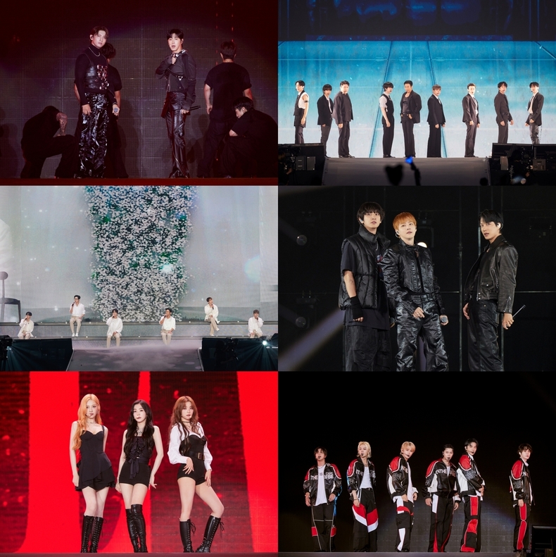 SMTOWN LIVE 2025 도쿄돔 무대(왼쪽 상단부터 동방신기-슈퍼주니어-슈퍼주니어-M-엑소-레드벨벳-NCT 127)