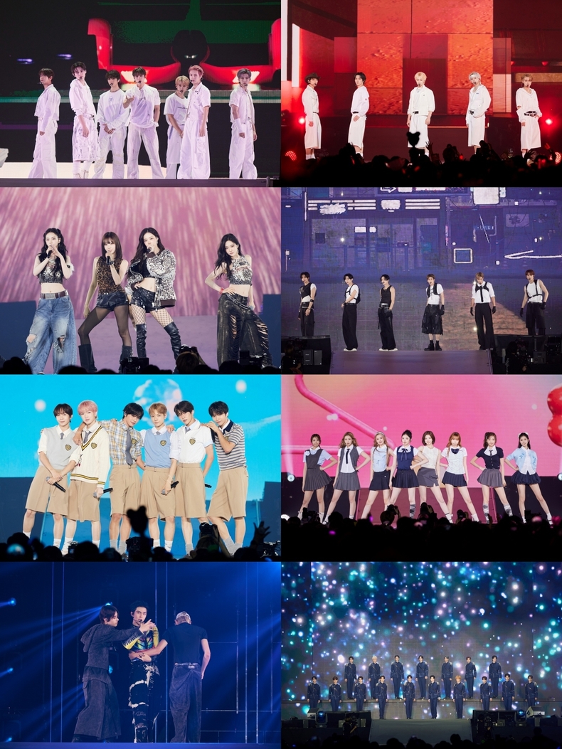 SMTOWN LIVE 2025 도쿄돔 무대(왼쪽 상단부터 NCT DREAM-WayV-에스파-라이즈-NCT WISH-하츠투하츠-승한앤소울-SMTR25)