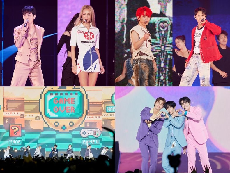SMTOWN LIVE 2025 도쿄돔 무대(왼쪽 상단부터 강타-효연-키-민호-행복 무대-아이스크림 무대)