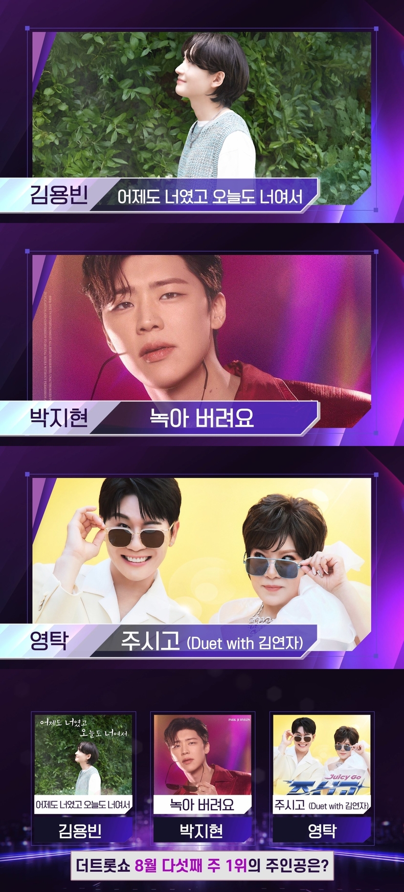 김용빈·박지현·영탁, 25일 '더 트롯쇼' 1위 경쟁/사진=SBS 미디어넷